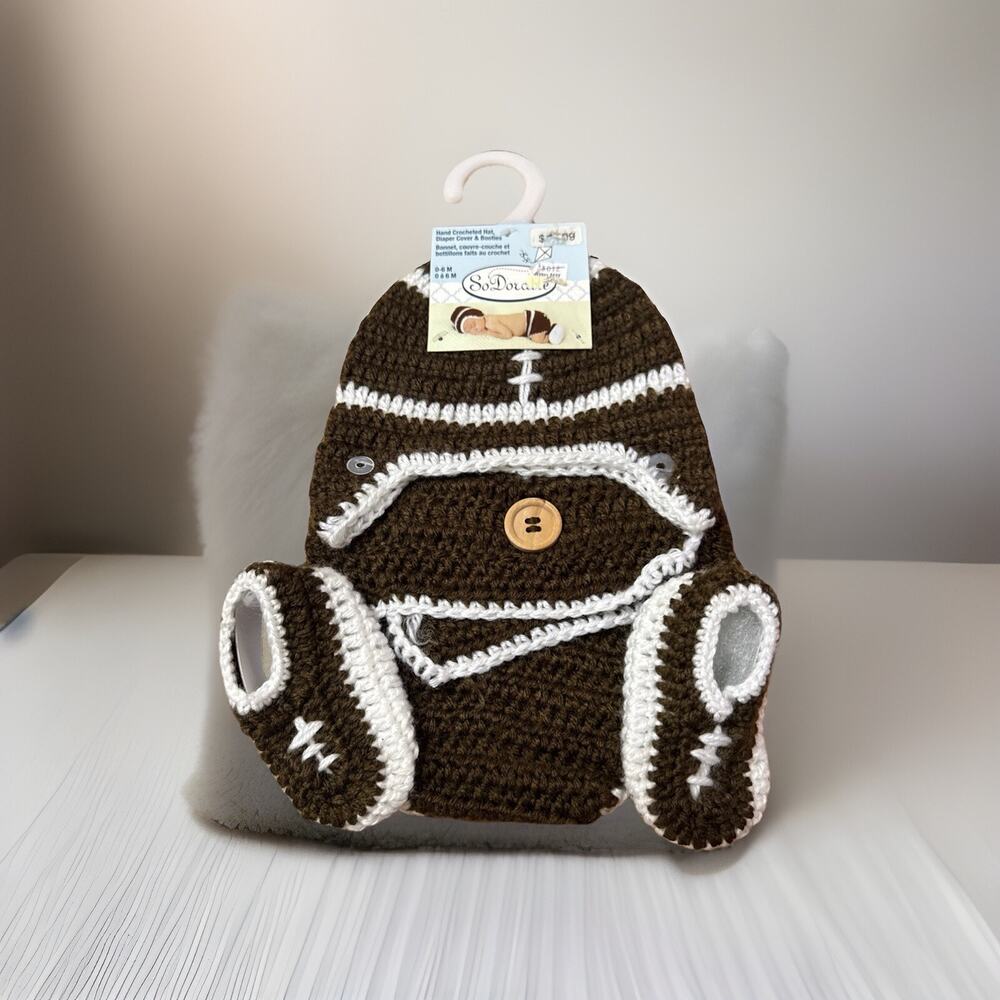 Hand Crocheted Hat Diaper Cover Booties 0 to 6 months Football So Dorable Brown